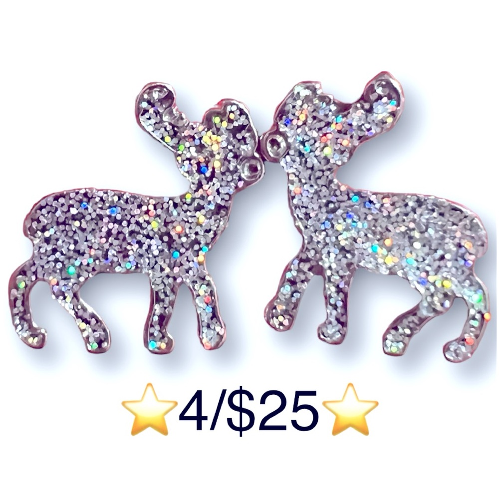 Silver Multicolor Glitter Sparkling Reindeer Stud Earrings